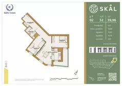 3 pokoje, mieszkanie 59,96 m², piętro 2, oferta nr M.52, SKAL, Łódź, Polesie, ul. Borowa 1