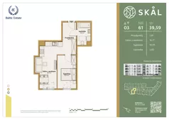 2 pokoje, mieszkanie 39,59 m², piętro 3, oferta nr M.61, SKAL, Łódź, Polesie, ul. Borowa 1