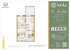2 pokoje, mieszkanie 39,54 m², piętro 3, oferta nr M.64, SKAL, Łódź, Polesie, ul. Borowa 1