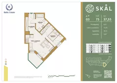 2 pokoje, mieszkanie 37,55 m², piętro 3, oferta nr M.75, SKAL, Łódź, Polesie, ul. Borowa 1