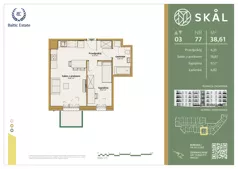 2 pokoje, mieszkanie 38,61 m², piętro 3, oferta nr M.77, SKAL, Łódź, Polesie, ul. Borowa 1