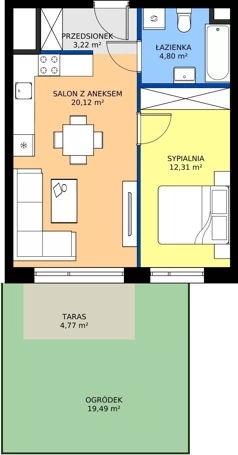 2 pokoje, mieszkanie 40,45 m², piętro 1, oferta nr 1.M14, Osiedle Saturna, Czeladź, ul. Karola Wilhelma Scheiblera