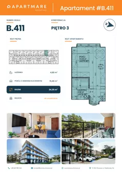 1 pokój, apartament 24,36 m², piętro 3, oferta nr B.411, ApartMare budynek B, Mrzeżyno, ul. Nadmorska 14