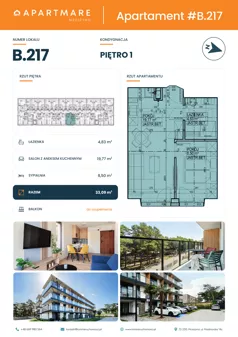 2 pokoje, apartament 33,10 m², piętro 1, oferta nr B.217, ApartMare budynek B, Mrzeżyno, ul. Nadmorska 14