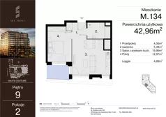 2 pokoje, mieszkanie 42,96 m², piętro 9, oferta nr M.134, Sky Trust III, Kielce, Bocianek, al. Solidarności 32 B