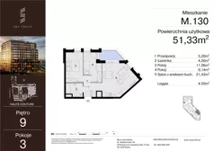 3 pokoje, mieszkanie 51,33 m², piętro 9, oferta nr M.130, Sky Trust III, Kielce, Bocianek, al. Solidarności 32 B