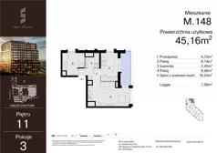 3 pokoje, mieszkanie 45,16 m², piętro 11, oferta nr M.148, Sky Trust III, Kielce, Bocianek, al. Solidarności 32 B