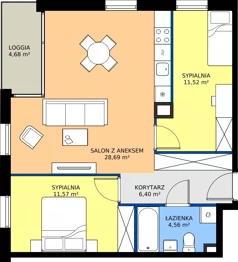 3 pokoje, mieszkanie 62,74 m², piętro 1, oferta nr 1.1.7, Atria Nowe Żerniki, Wrocław, Żerniki, Fabryczna, ul. Ernesta Maya