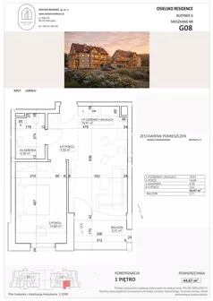 2 pokoje, mieszkanie 44,67 m², piętro 1, oferta nr G8, Osielsko Residence bud. G, Osielsko, ul. Jana Pawła II 83