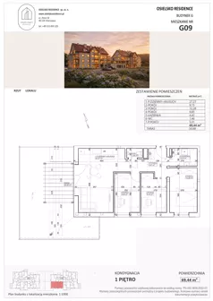 4 pokoje, mieszkanie 69,44 m², piętro 1, oferta nr G9, Osielsko Residence bud. G, Osielsko, ul. Jana Pawła II 83