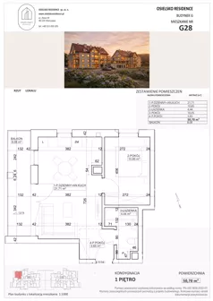 2 pokoje, mieszkanie 50,70 m², piętro 1, oferta nr G28, Osielsko Residence bud. G, Osielsko, ul. Jana Pawła II 83
