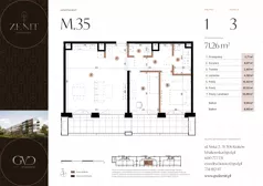 3 pokoje, apartament 71,26 m², piętro 1, oferta nr M35, ZENIT Głowackiego, Kraków, Bronowice, ul. Głowackiego 22