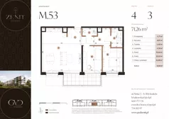 3 pokoje, apartament 71,26 m², piętro 4, oferta nr M53, ZENIT Głowackiego, Kraków, Bronowice, ul. Głowackiego 22