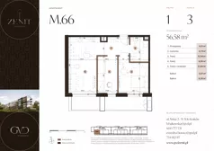 3 pokoje, apartament 56,58 m², piętro 1, oferta nr M66, ZENIT Głowackiego, Kraków, Bronowice, ul. Głowackiego 22