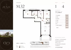 4 pokoje, apartament 73,34 m², piętro 1, oferta nr M32, ZENIT Głowackiego, Kraków, Bronowice, ul. Głowackiego 22