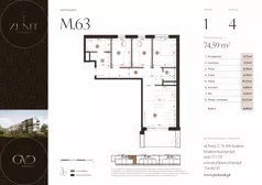 4 pokoje, mieszkanie 74,59 m², piętro 1, oferta nr M63, ZENIT Głowackiego, Kraków, Bronowice, ul. Głowackiego 22