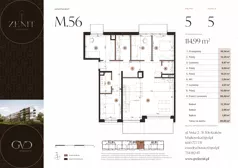 5 pokoi, mieszkanie 114,99 m², piętro 5, oferta nr M56, ZENIT Głowackiego, Kraków, Bronowice, ul. Głowackiego 22