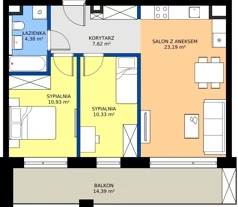 3 pokoje, mieszkanie 56,45 m², piętro 1, oferta nr M64, ZENIT Głowackiego, Kraków, Bronowice, ul. Głowackiego 22