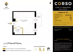 1 pokój, mieszkanie 37,54 m², piętro 2, oferta nr 22, CORSO - etap 2A, Łódź, Polesie, Stare Polesie, ul. Kasprzaka 5