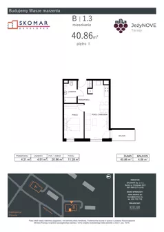2 pokoje, mieszkanie 40,86 m², piętro 1, oferta nr B1_3, JeżyNOVE Tarasy, Ząbkowice Śląskie, ul. Jeżynowa