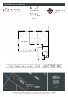 3 pokoje, mieszkanie 59,54 m², piętro 1, oferta nr B1_6, JeżyNOVE Tarasy, Ząbkowice Śląskie, ul. Jeżynowa