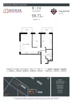 3 pokoje, mieszkanie 59,71 m², piętro 2, oferta nr B2_6, JeżyNOVE Tarasy, Ząbkowice Śląskie, ul. Jeżynowa