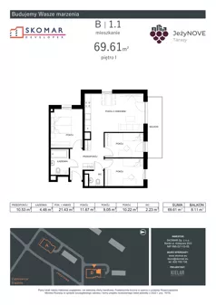 4 pokoje, mieszkanie 69,61 m², piętro 1, oferta nr B1_1, JeżyNOVE Tarasy, Ząbkowice Śląskie, ul. Jeżynowa