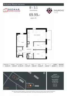 4 pokoje, mieszkanie 69,99 m², piętro 3, oferta nr B3_1, JeżyNOVE Tarasy, Ząbkowice Śląskie, ul. Jeżynowa