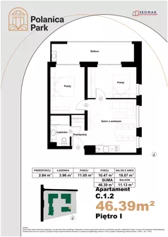 3 pokoje, apartament inwestycyjny 46,39 m², piętro 1, oferta nr 1.2, Polanica Park Apartamenty - etap III, Polanica-Zdrój, ul. Zdrojowa
