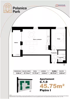 2 pokoje, apartament inwestycyjny 45,75 m², piętro 1, oferta nr 1.9, Polanica Park Apartamenty - etap III, Polanica-Zdrój, ul. Zdrojowa