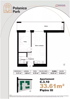 2 pokoje, apartament inwestycyjny 33,61 m², piętro 3, oferta nr 3.10, Polanica Park Apartamenty - etap III, Polanica-Zdrój, ul. Zdrojowa
