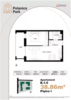 2 pokoje, apartament inwestycyjny 38,86 m², piętro 1, oferta nr B_1_5, Polanica Park Apartamenty - etap II, Polanica-Zdrój, ul. Zdrojowa