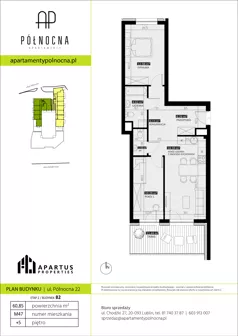 3 pokoje, mieszkanie 60,85 m², piętro 5, oferta nr B2/47, Apartamenty Północna, Lublin, Śródmieście, Śródmieście, ul. Północna 22/24