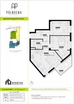 3 pokoje, mieszkanie 66,86 m², piętro 1, oferta nr B3/5, Apartamenty Północna, Lublin, Śródmieście, Śródmieście, ul. Północna 22/24