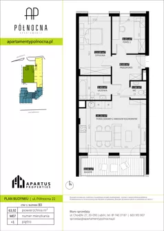 3 pokoje, mieszkanie 63,92 m², piętro 1, oferta nr B3/7, Apartamenty Północna, Lublin, Śródmieście, Śródmieście, ul. Północna 22/24