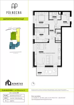 3 pokoje, mieszkanie 70,09 m², piętro 1, oferta nr B3/23, Apartamenty Północna, Lublin, Śródmieście, Śródmieście, ul. Północna 22/24
