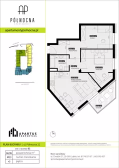 3 pokoje, mieszkanie 66,96 m², piętro 3, oferta nr B3/13, Apartamenty Północna, Lublin, Śródmieście, Śródmieście, ul. Północna 22/24