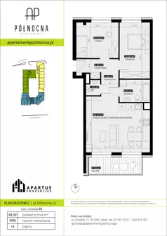 3 pokoje, mieszkanie 68,38 m², piętro 3, oferta nr B3/36, Apartamenty Północna, Lublin, Śródmieście, Śródmieście, ul. Północna 22/24