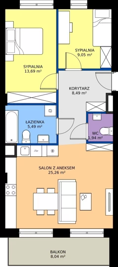 3 pokoje, mieszkanie 63,92 m², piętro 2, oferta nr B3/11, Apartamenty Północna, Lublin, Śródmieście, Śródmieście, ul. Północna 22/24