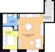 2 pokoje, mieszkanie 43,51 m², piętro 2, oferta nr 1A-2.7., Gardenia Pogodno, Szczecin, Zachód, Pogodno, ul. Unii Lubelskiej