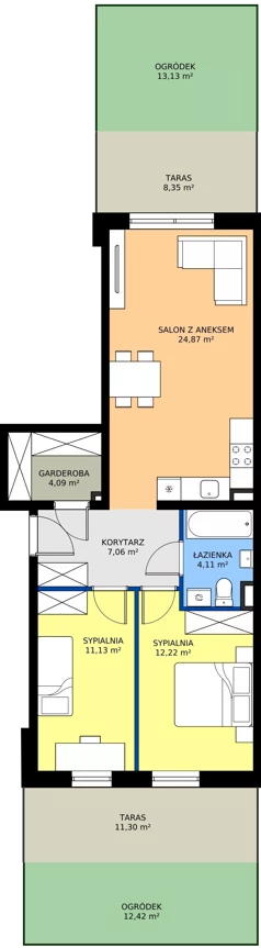 3 pokoje, mieszkanie 63,71 m², piętro 1, oferta nr A12, Zielone Horyzonty II, Toruń, Podgórz, ul. Kręta 91-105