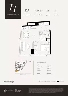 2 pokoje, apartament 36,66 m², piętro 22, oferta nr 22.7., Liberty Tower, Warszawa, Wola, Mirów, ul. Grzybowska 54