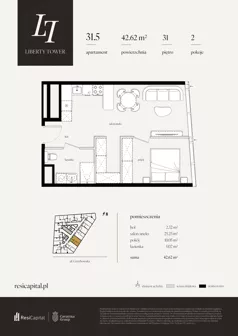 2 pokoje, apartament 42,62 m², piętro 31, oferta nr 31.5., Liberty Tower, Warszawa, Wola, Mirów, ul. Grzybowska 54