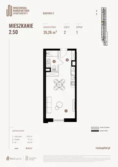 1 pokój, mieszkanie 35,52 m², piętro 2, oferta nr 2.50., Wima Apartments, Łódź, Widzew, Stary Widzew, al. Piłsudskiego 135