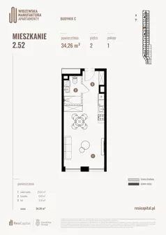 1 pokój, mieszkanie 34,38 m², piętro 2, oferta nr 2.52., Wima Apartments, Łódź, Widzew, Stary Widzew, al. Piłsudskiego 135