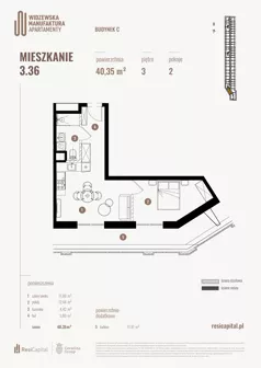 2 pokoje, mieszkanie 40,77 m², piętro 3, oferta nr 3.36., Wima Apartments, Łódź, Widzew, Stary Widzew, al. Piłsudskiego 135