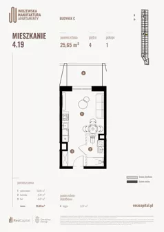 1 pokój, mieszkanie 25,70 m², piętro 4, oferta nr 4.19., Wima Apartments, Łódź, Widzew, Stary Widzew, al. Piłsudskiego 135