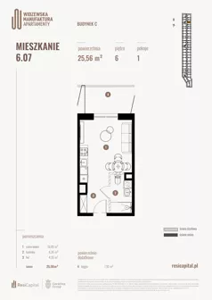 1 pokój, apartament 25,91 m², piętro 6, oferta nr 6.07., Wima Apartments, Łódź, Widzew, Stary Widzew, al. Piłsudskiego 135