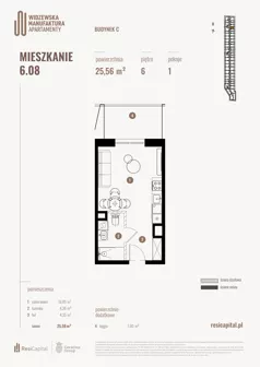 1 pokój, mieszkanie 25,95 m², piętro 6, oferta nr 6.08., Wima Apartments, Łódź, Widzew, Stary Widzew, al. Piłsudskiego 135