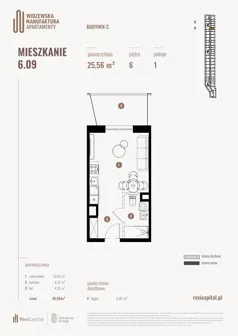 1 pokój, mieszkanie 25,82 m², piętro 6, oferta nr 6.09., Wima Apartments, Łódź, Widzew, Stary Widzew, al. Piłsudskiego 135